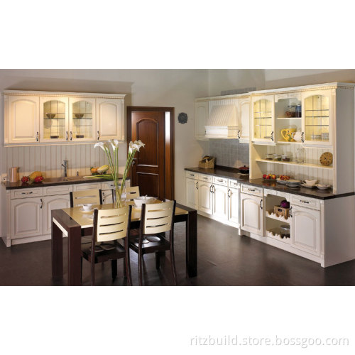 Kitchen Furniture Pastoral Style Wood Kitchen Furniture White Lacquer High Glossy Kitchen Cabinets